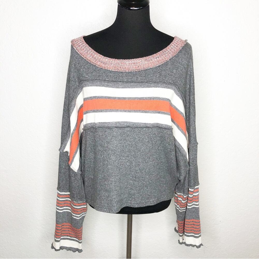 Free People gray white orange striped raw seam dolman sleeve sweater size Small